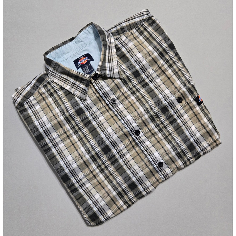 Dickies Plaid Button Down Shirt Mens XL Tan Black White Short Sleeve Workwear